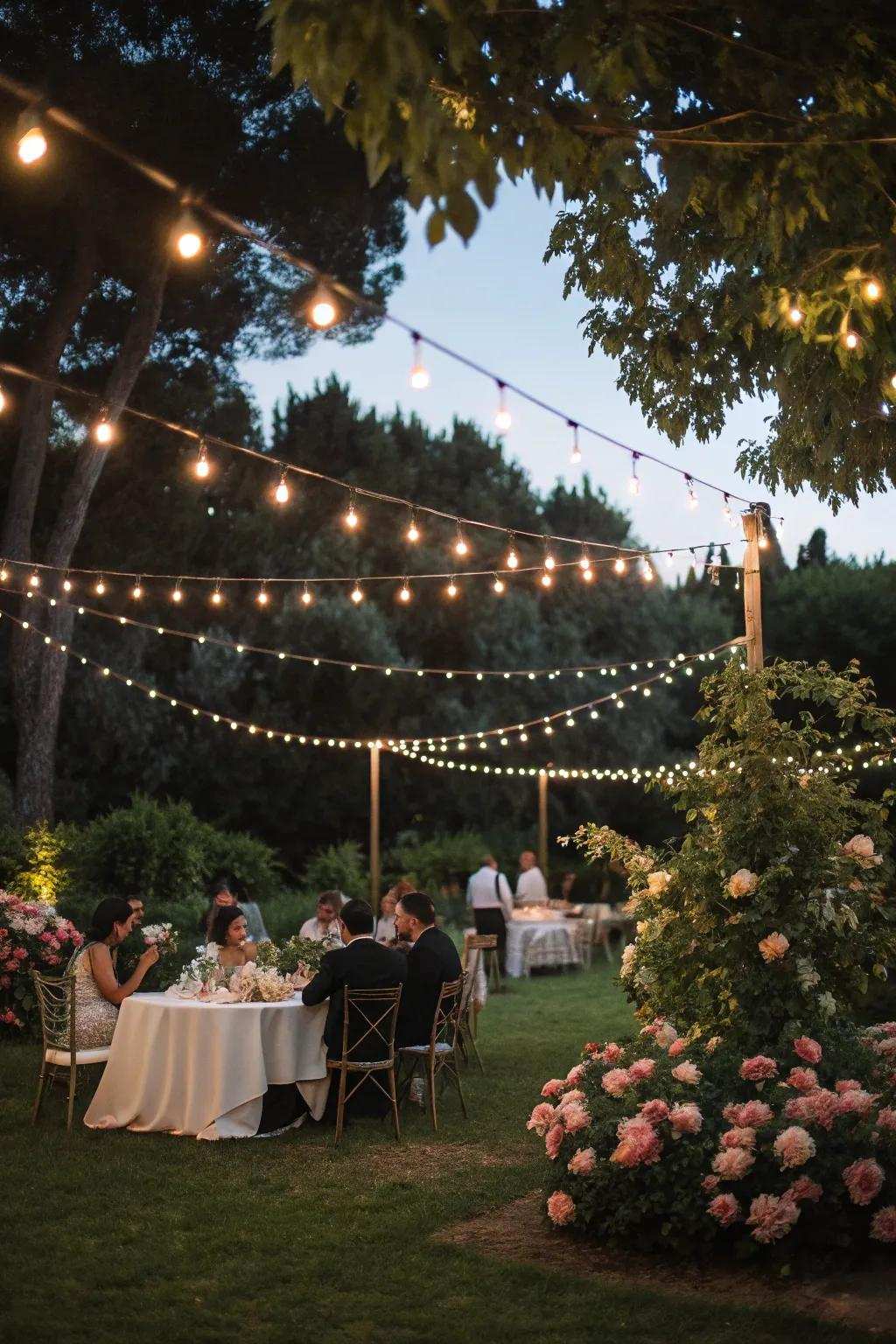 Fairy lights craft a magical ambiance for a garden wedding gathering.