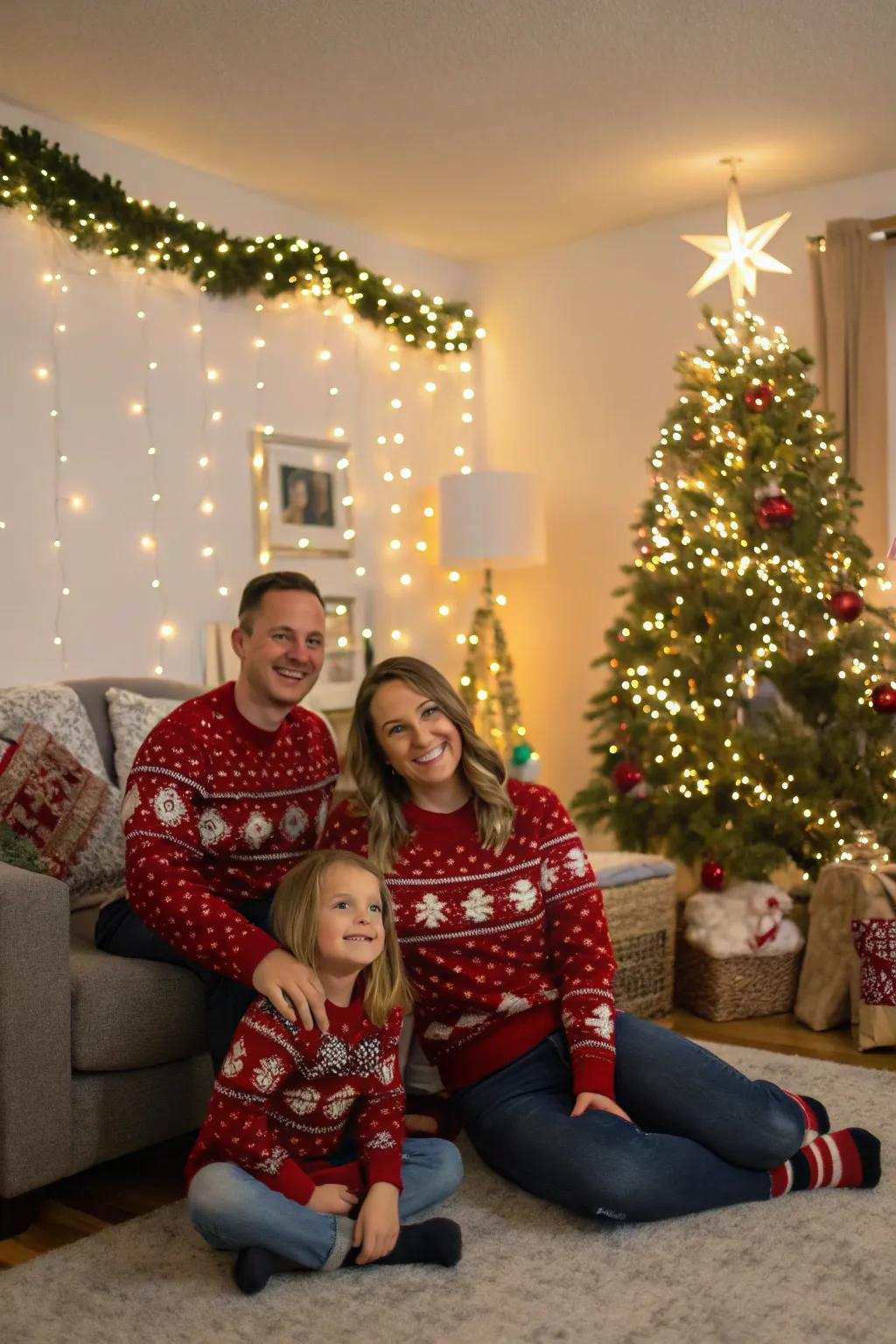 Family presenting corresponding holiday sweaters.