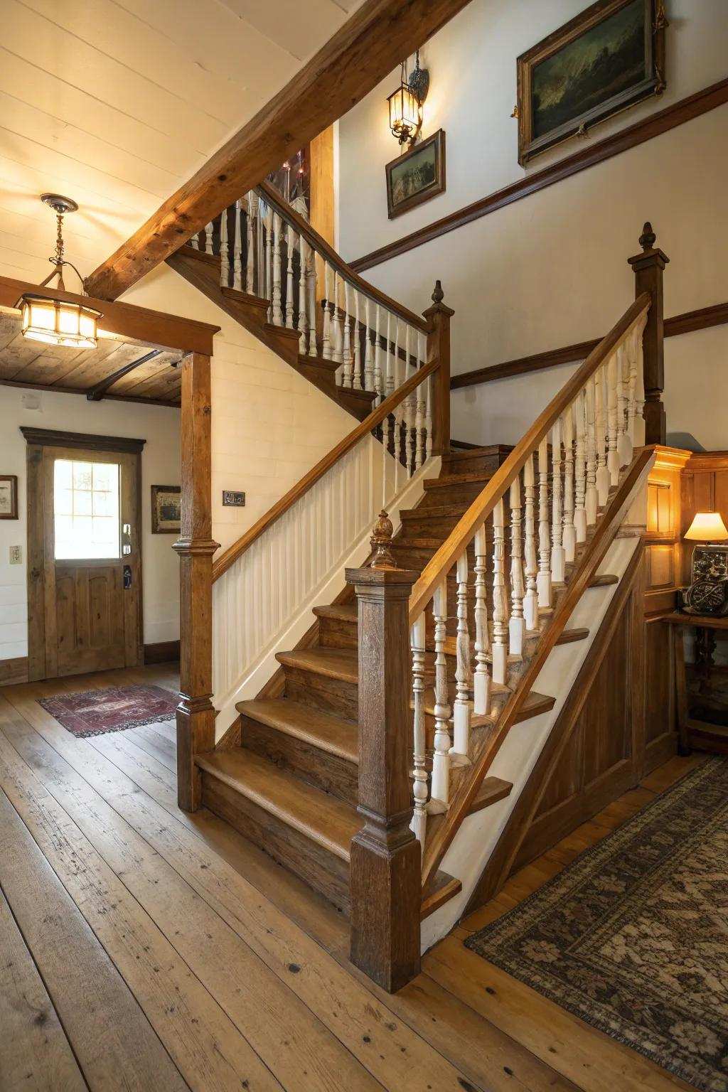 Fancy uprights convey grandeur onto a farmhouse staircase.