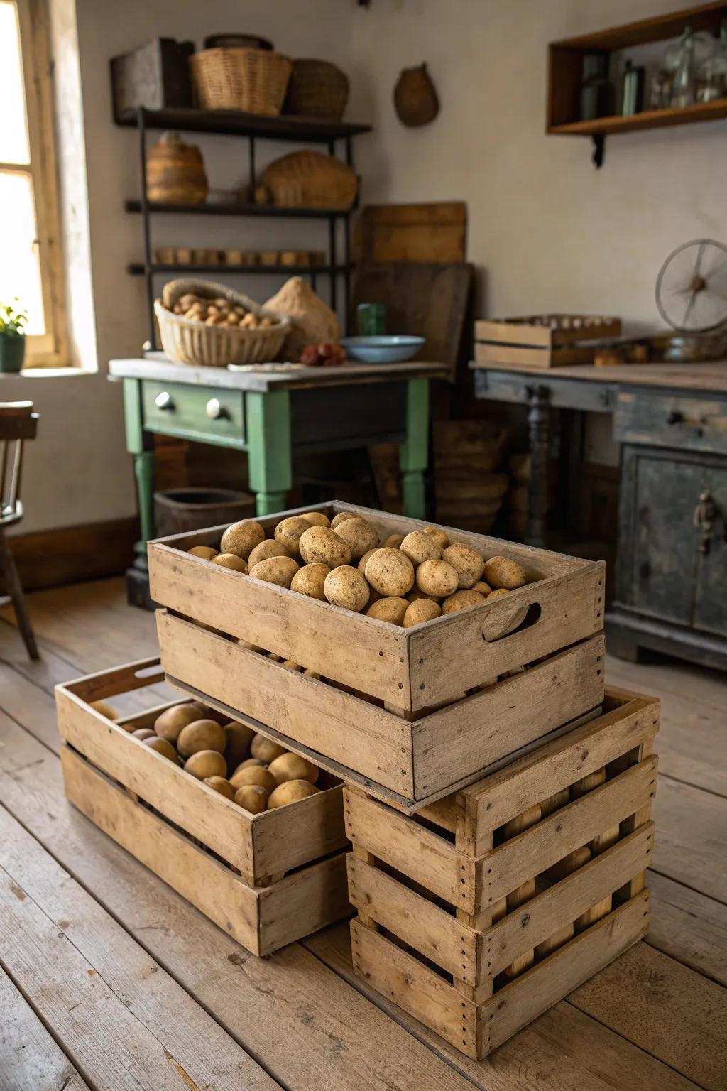 Farmhouse beauty enhanced by stacked lumber boxes utilized for potato stowage.