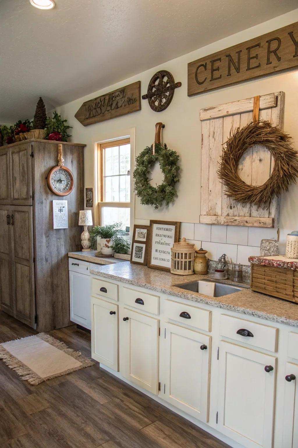 Farmhouse ornaments enhance the rustic charm of cabinet-coated cabinets.