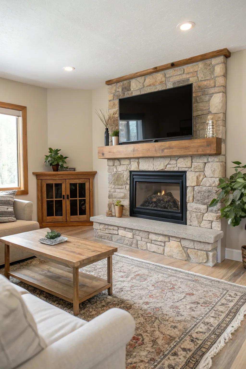 Fashion a snug corner using a stone hearth that contributes personality to any room.