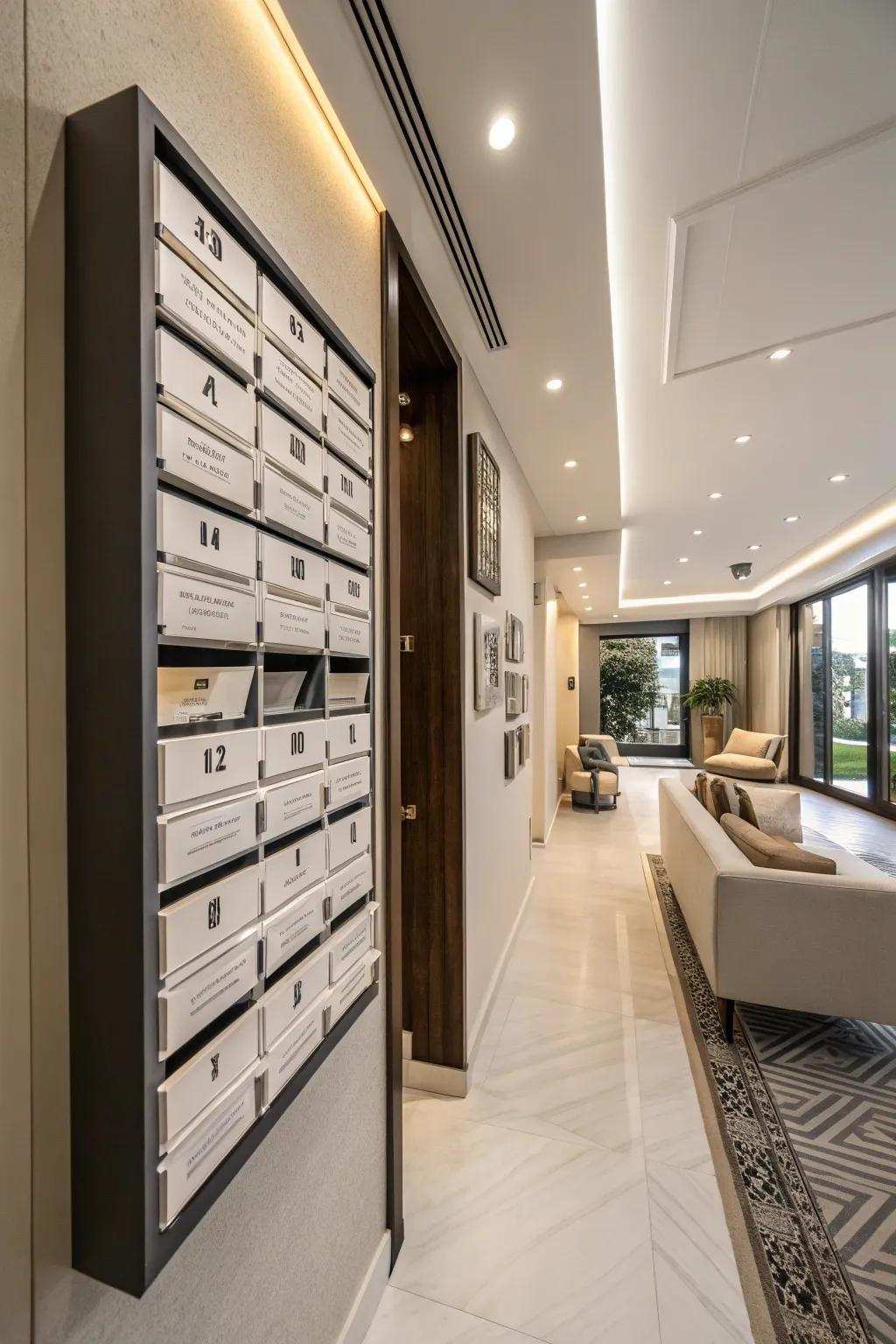 Fashionably manage mail and invoices using a surface-mounted station.