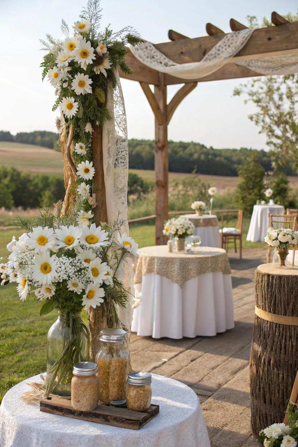Field flowers bringing cheer and value to a rustic wedding.