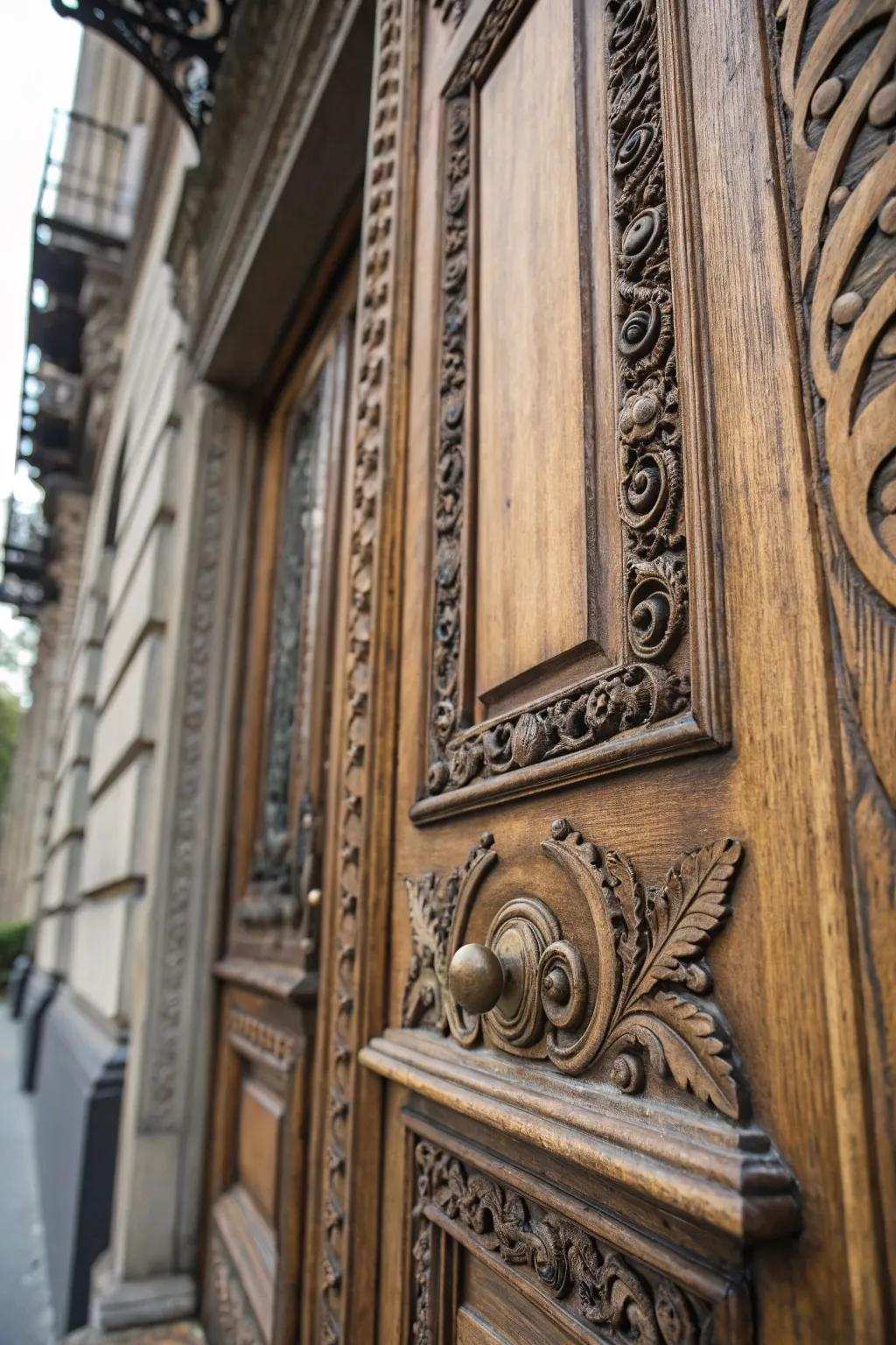 Finely detailed engravings contribute sophistication to this Victorian front door.