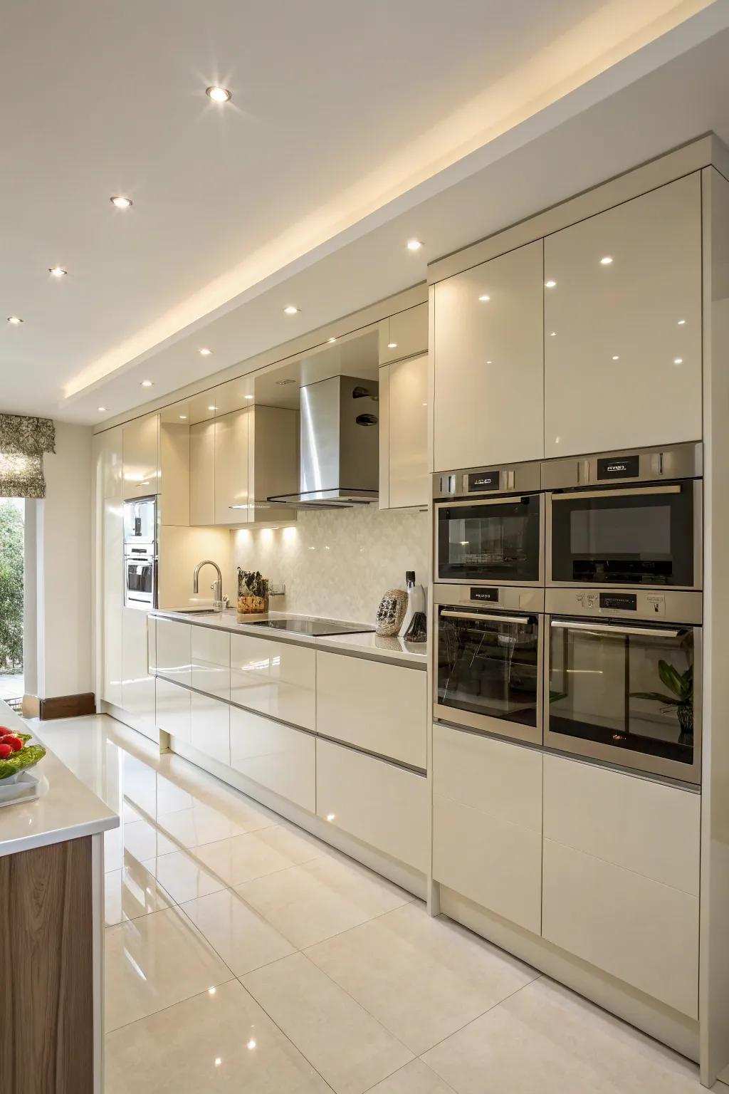 Fitted appliances maintaining a streamlined and cohesive look in a cream gloss kitchen.