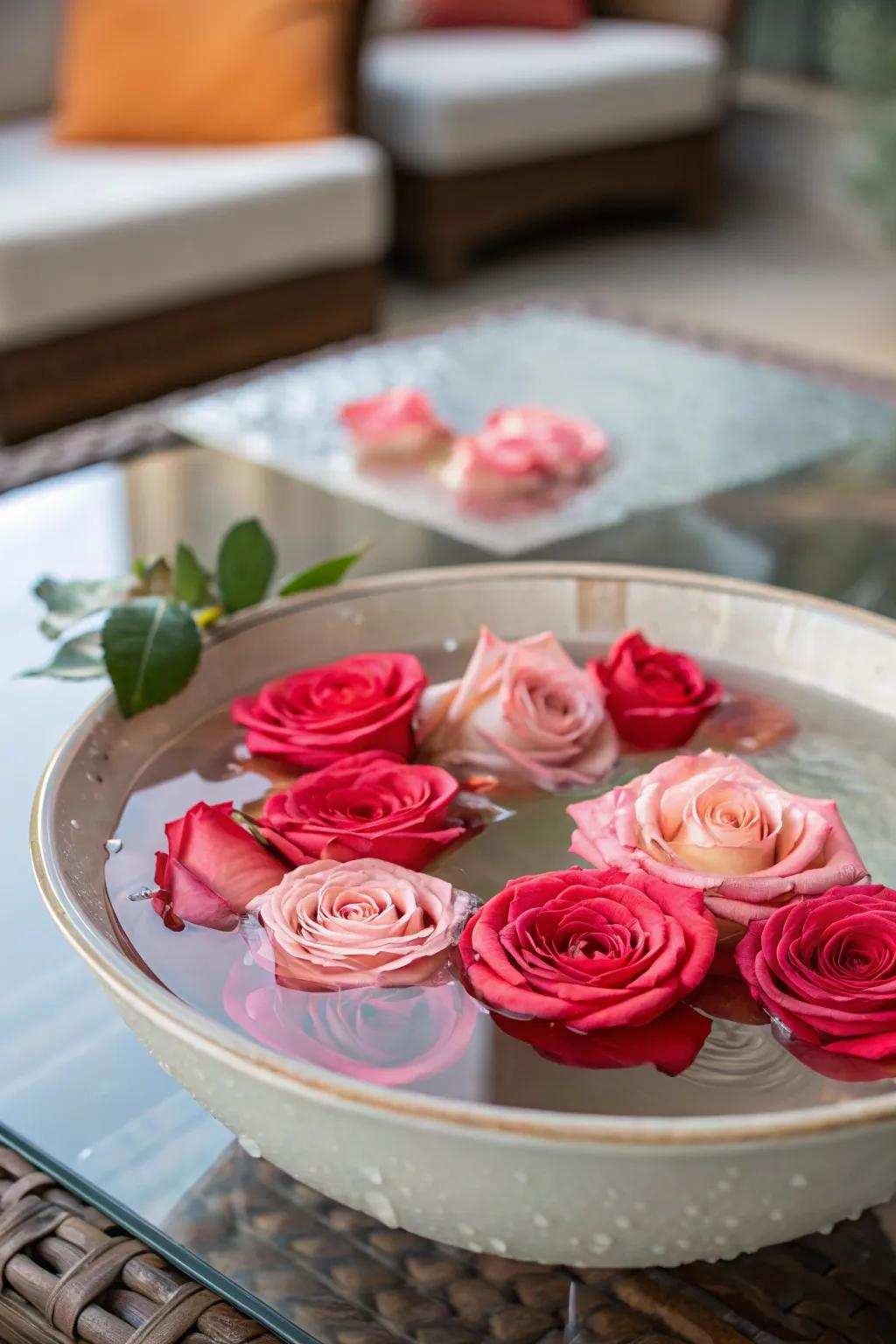 Floating rose heads creating a serene centerpiece.