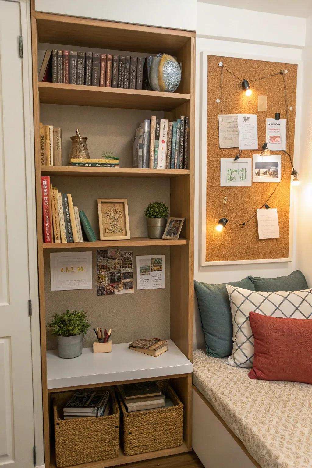 Floating shelf boards elegantly combine space and utility.