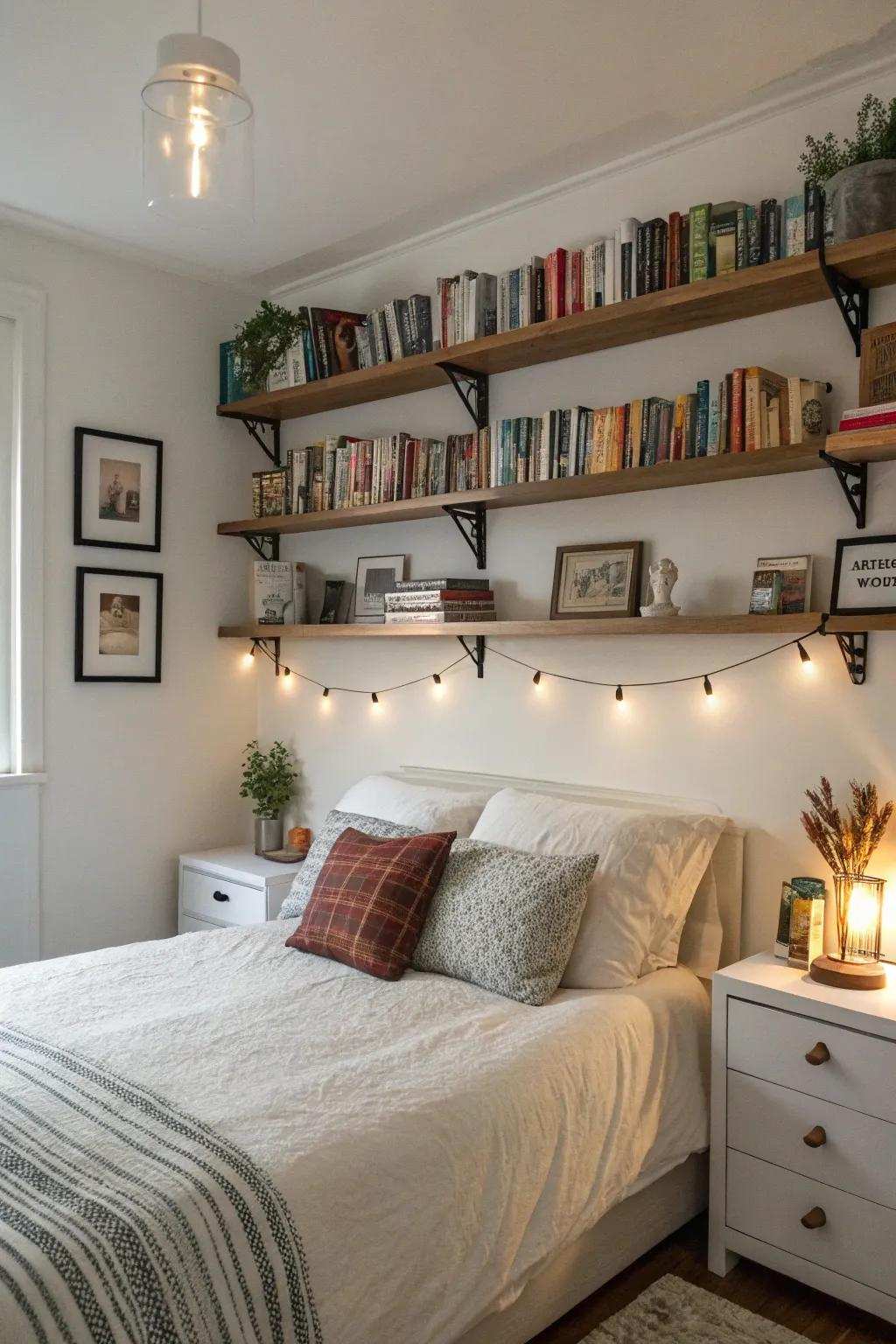 Floating shelves enhance elegance and practicality.