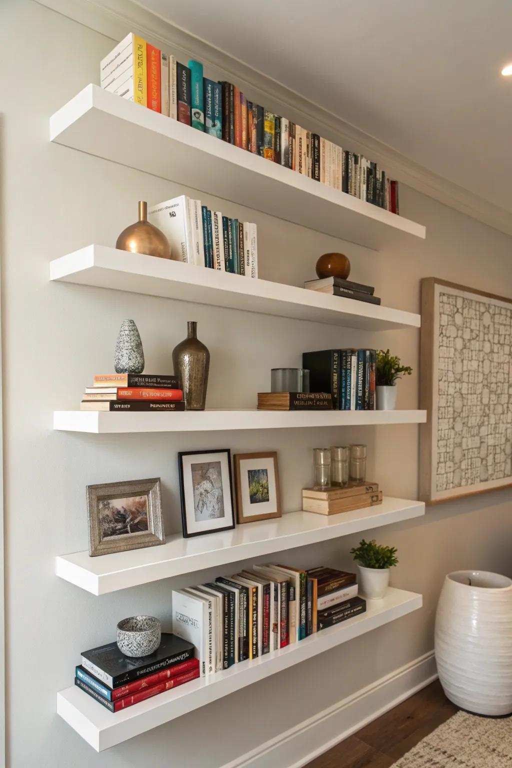 Floating shelves introduce a modern element.