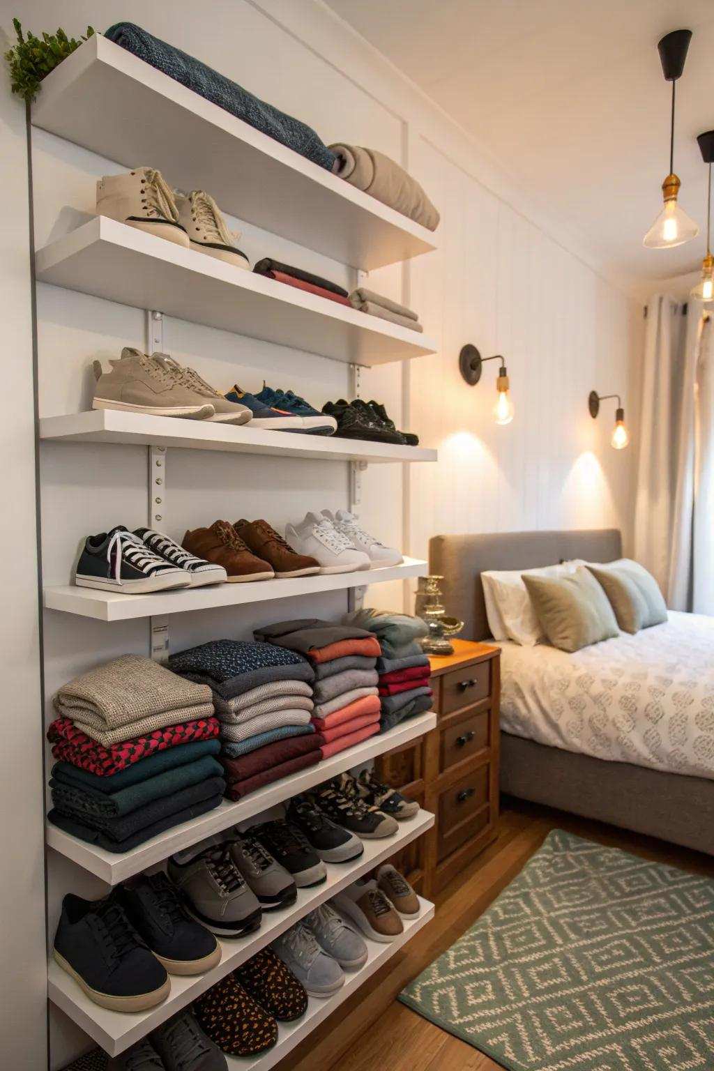 Floating shelves provide style while saving space.