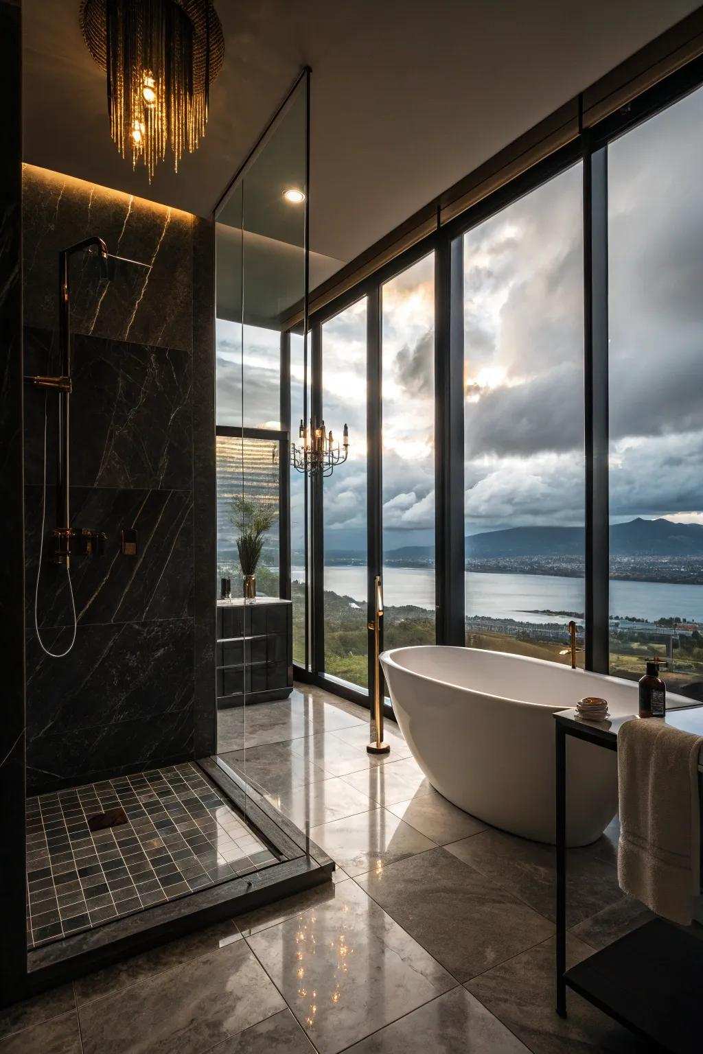 Floor-to-ceiling windows make a dramatic statement in the shower.