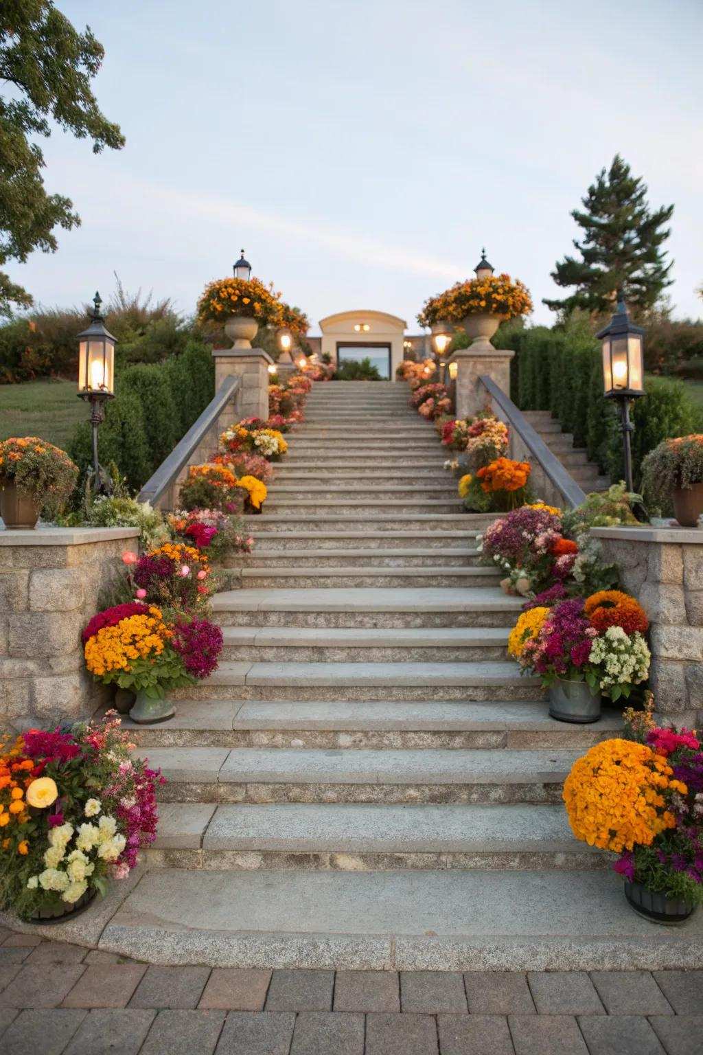 Floral details add color to stone steps.