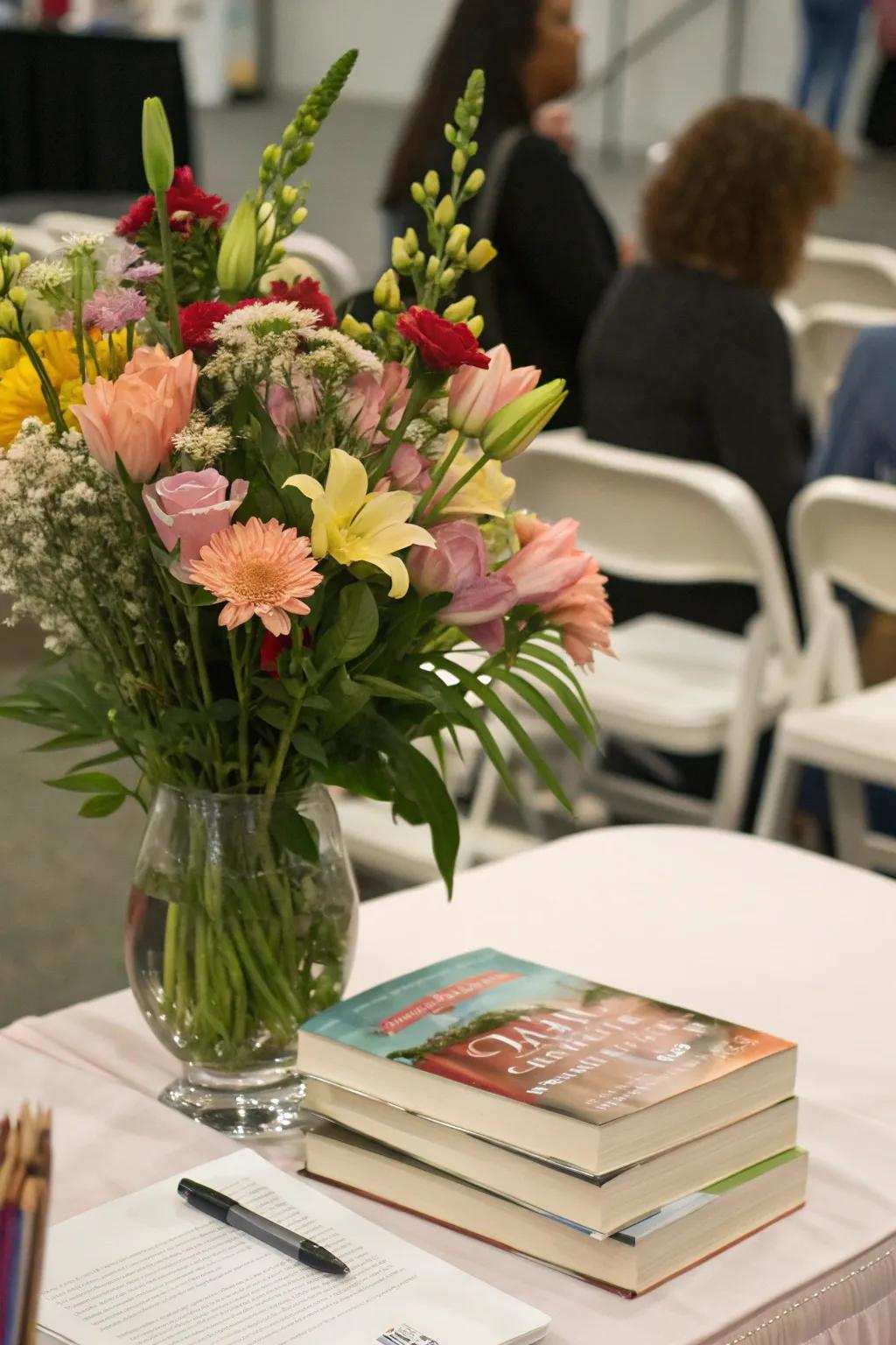 Flowers introduce color and refinement.