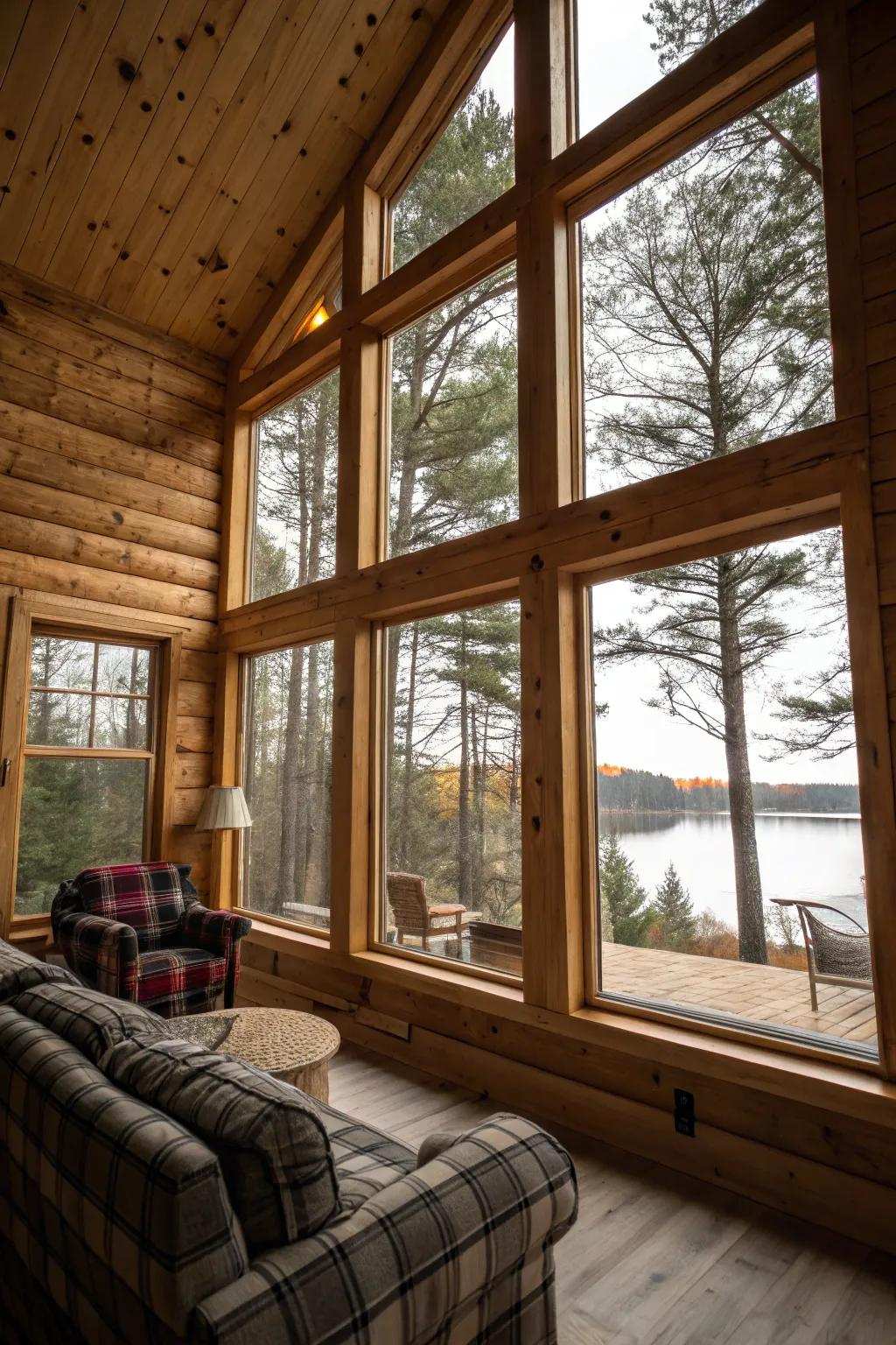 Flowing cabin interior boasting expansive windows and pine cladding walls.