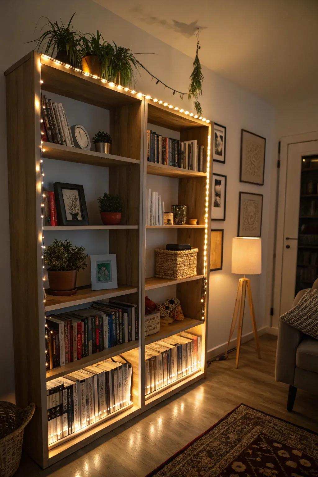 Focused lighting emphasizes and warms up this stylish bookshelf arrangement.