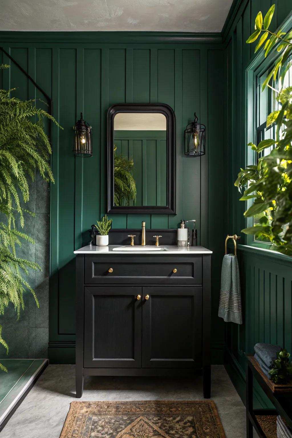 Forest green walls matched with dark-toned vanities evoke a feeling of serenity and elegance.