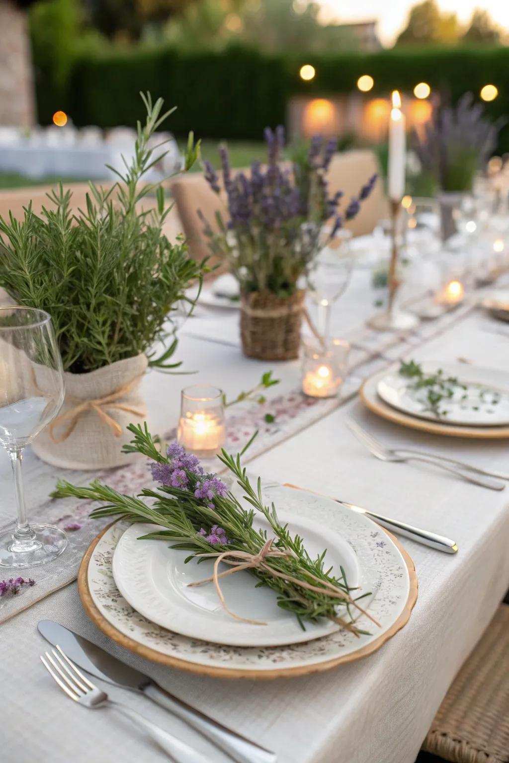 Fragrant herbs adding scent and uniqueness to wedding arrangements.