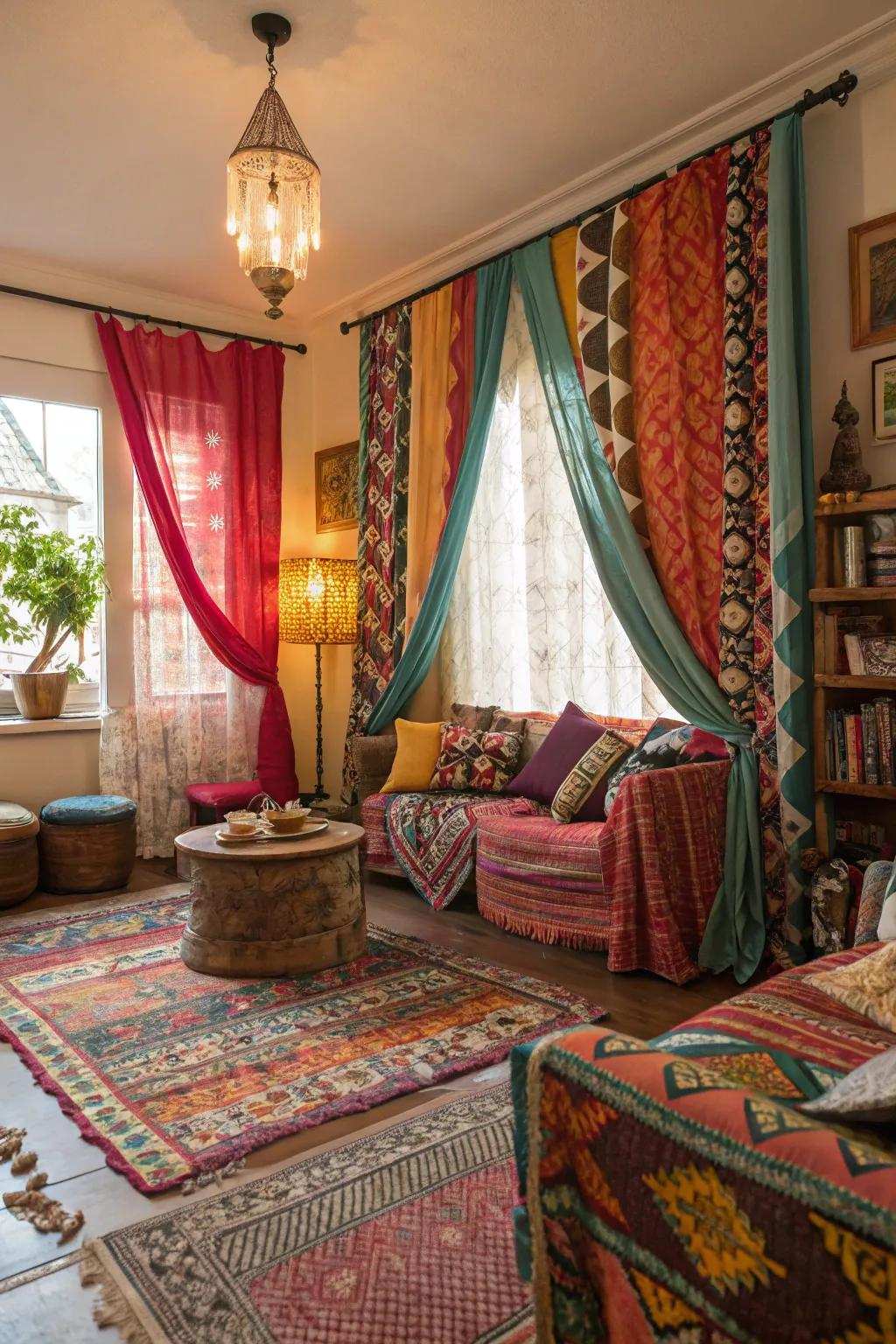 Free-spirited and vibrant window coverings bring bohemian allure.