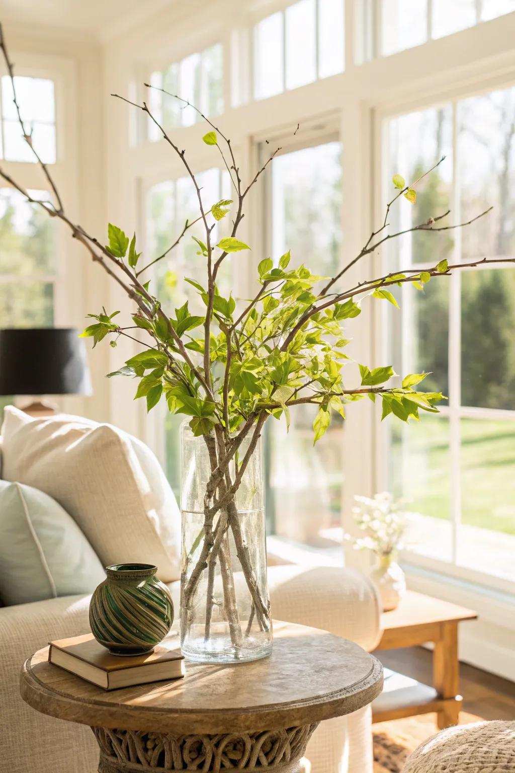 Fresh greenery alongside branches for a nature-inspired style.