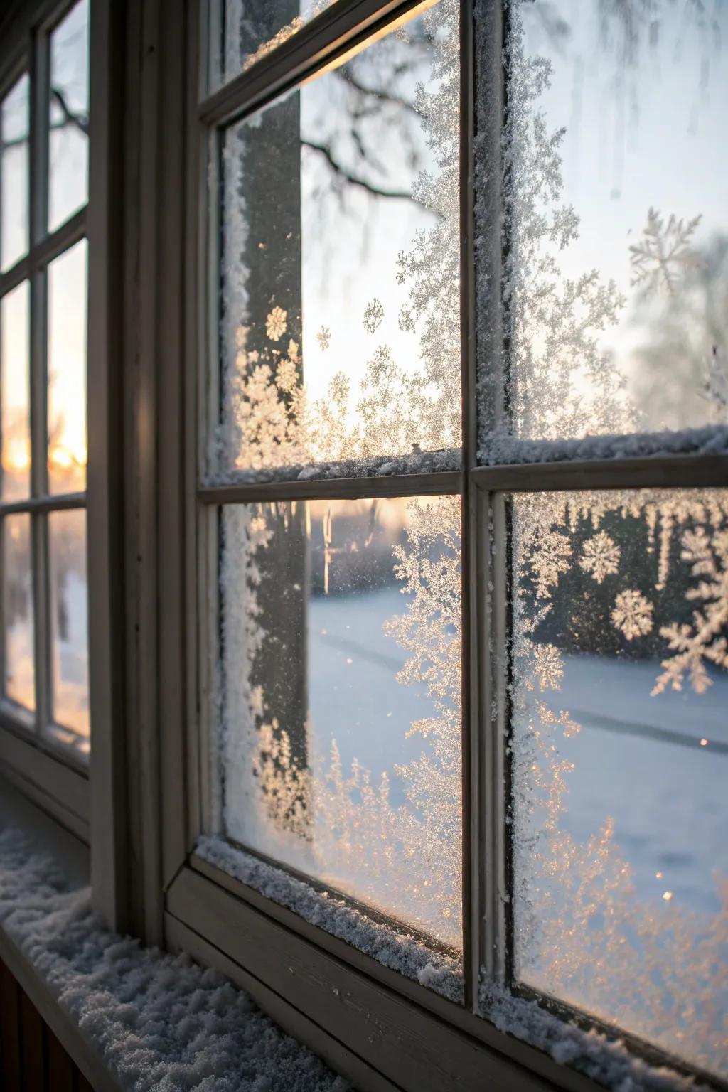 Frosted windows usher the snug sensation of a winter cabin indoors.