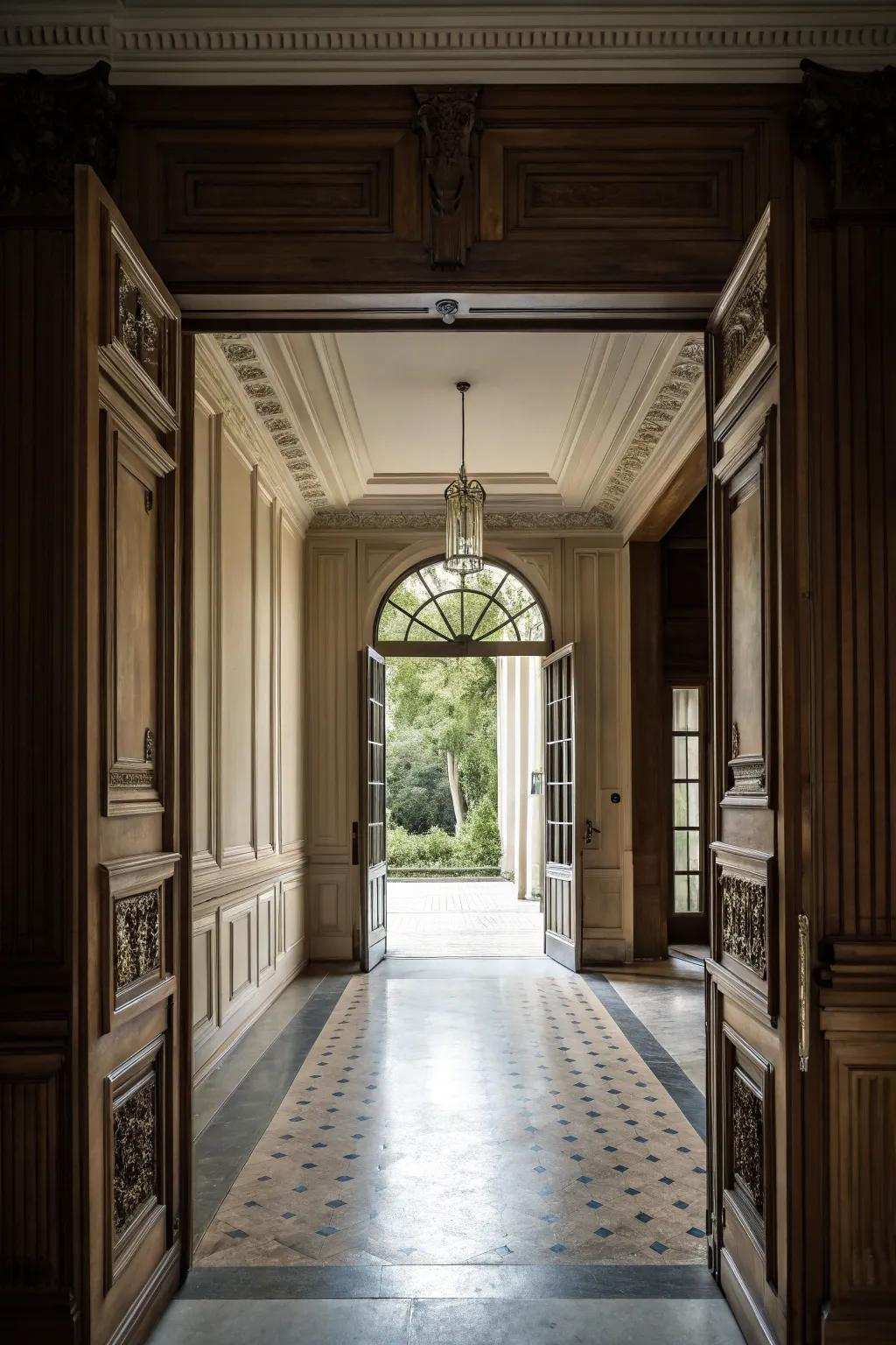 Full-height decorative wall treatments add drama and cohesion to the entryway.