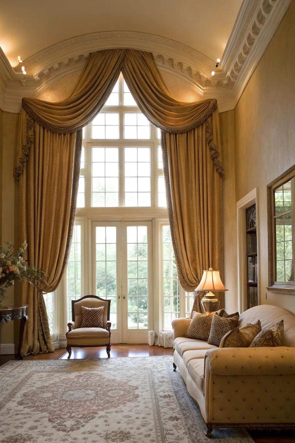 Full-length drops add drama and elegance to casement windows.