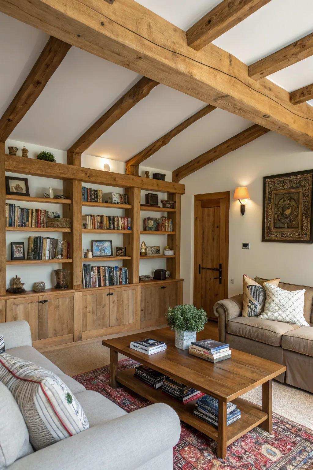 Functional and stylish support shelving in a family room.