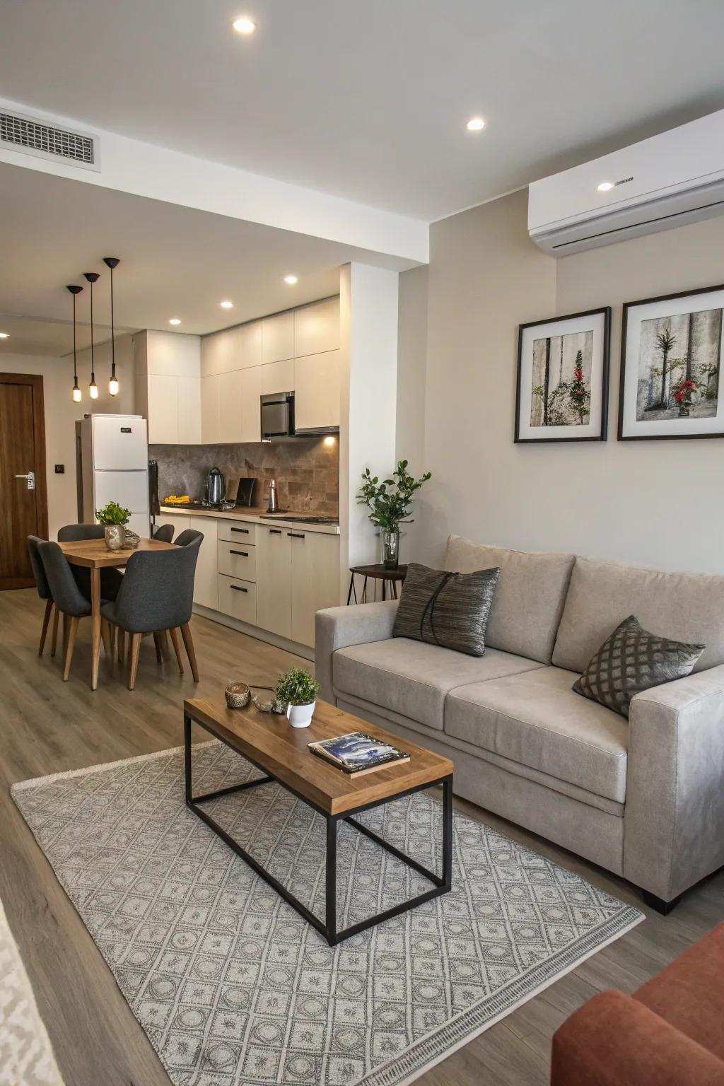 Furniture arrangement naturally separates living areas.