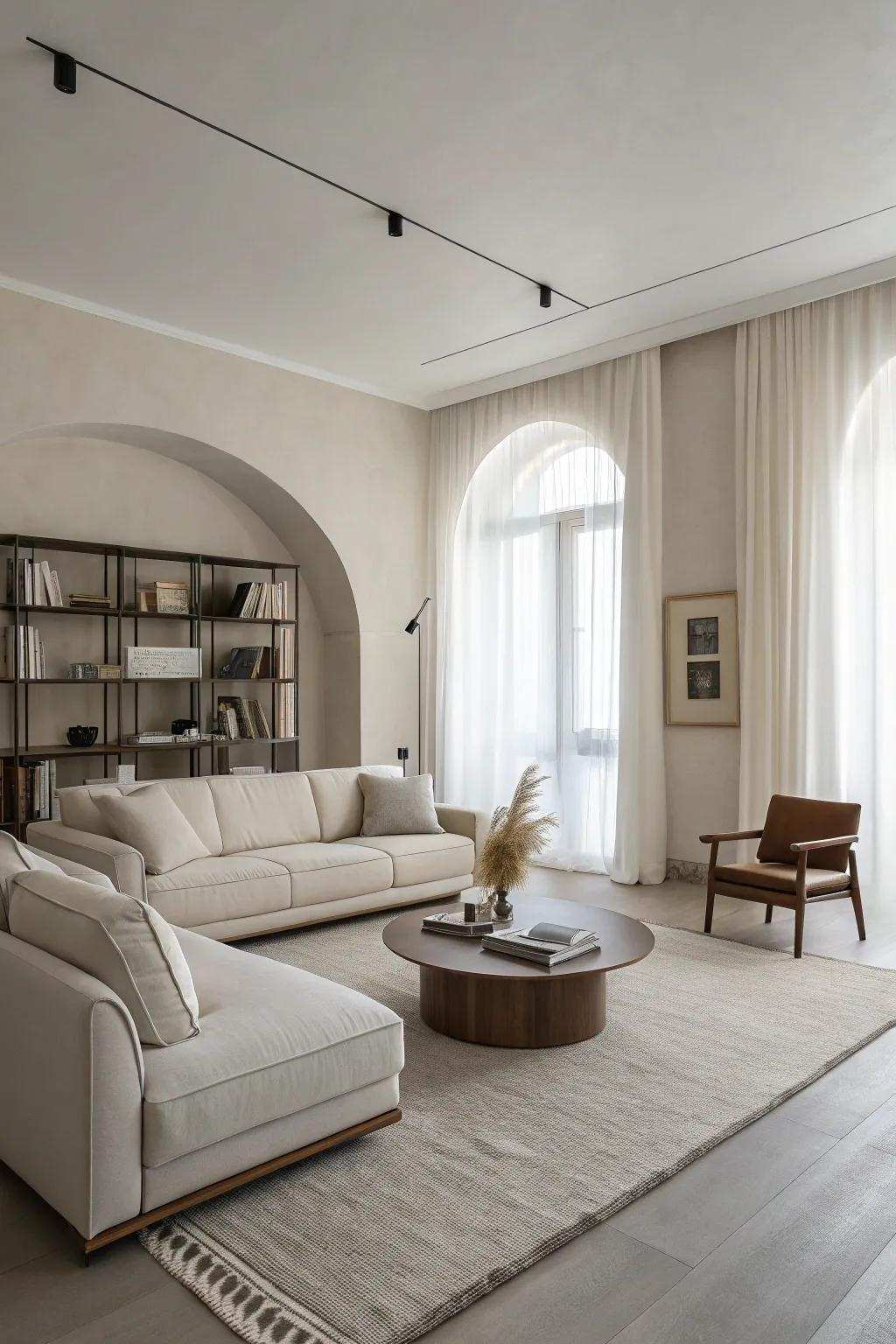 Furniture detailed with crisp outlines contributes to the minimalist allure.