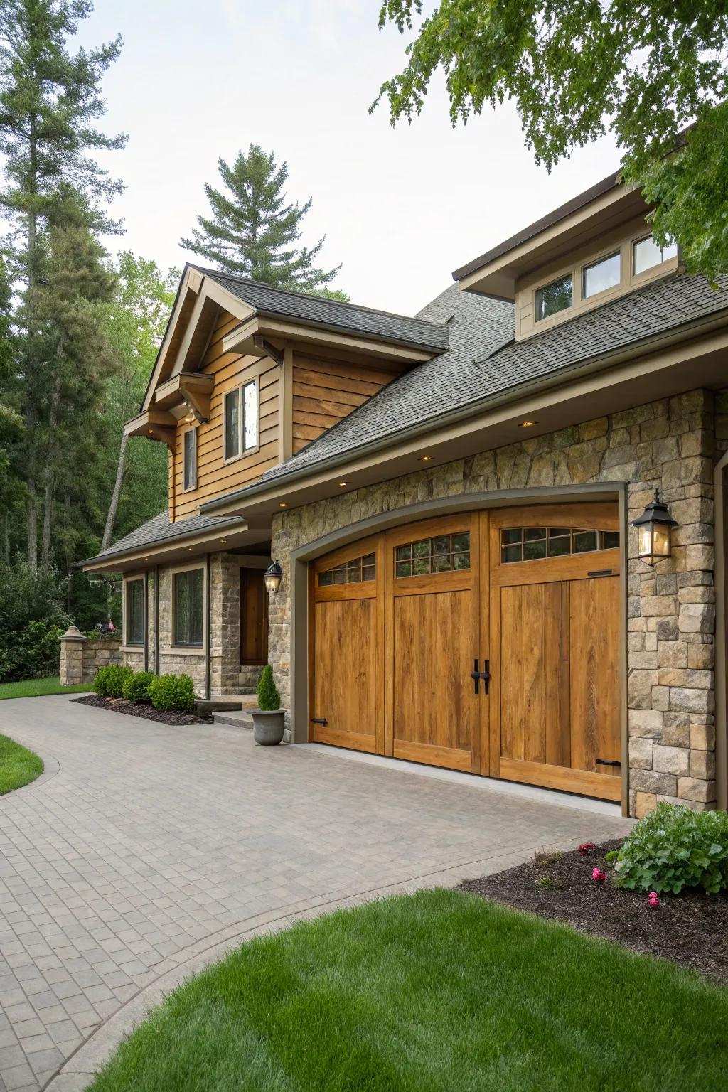 Garage doors in natural wood present an inviting, cozy ambiance.