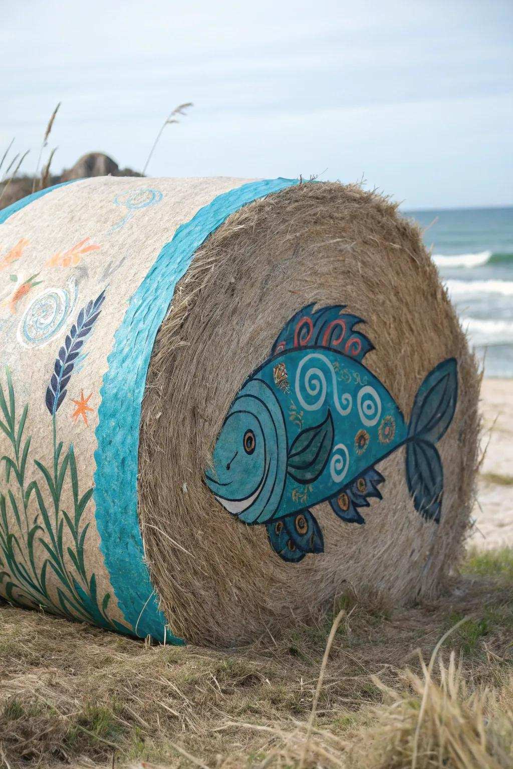 Generate a wave with hay bales fashioned into vibrant subaquatic creatures, establishing a distinctive outdoor concept.