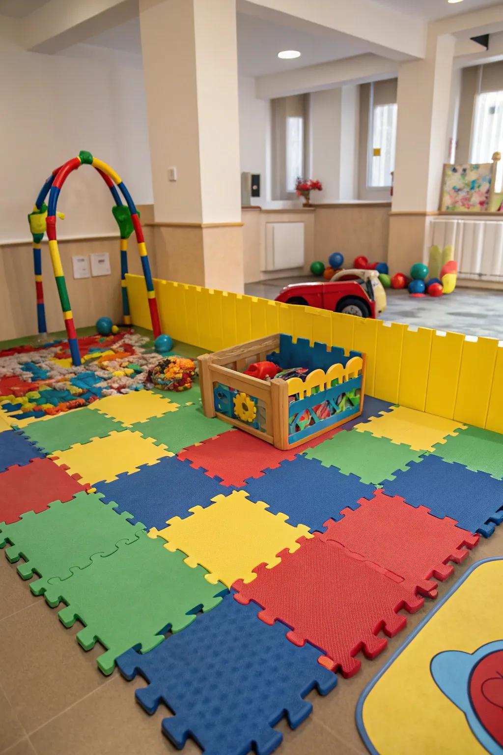 Gentle activity surfaces deliver a secure and adaptable space conducive to play.