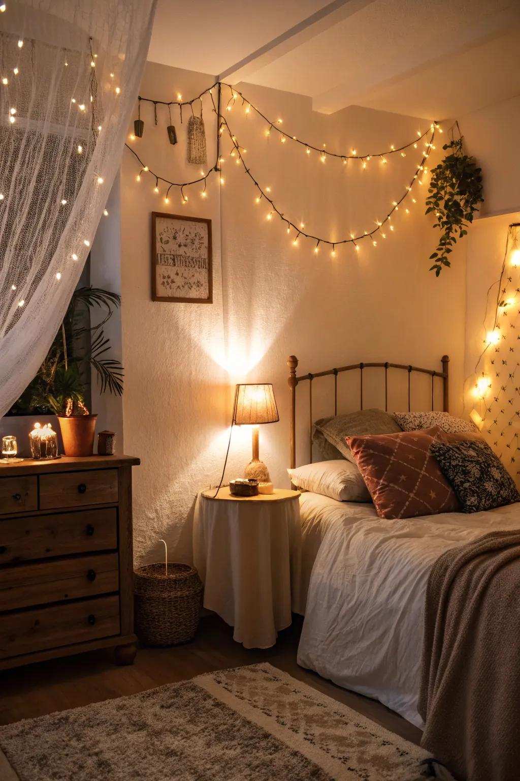 Gentle illumination changes the mood of the bedroom.