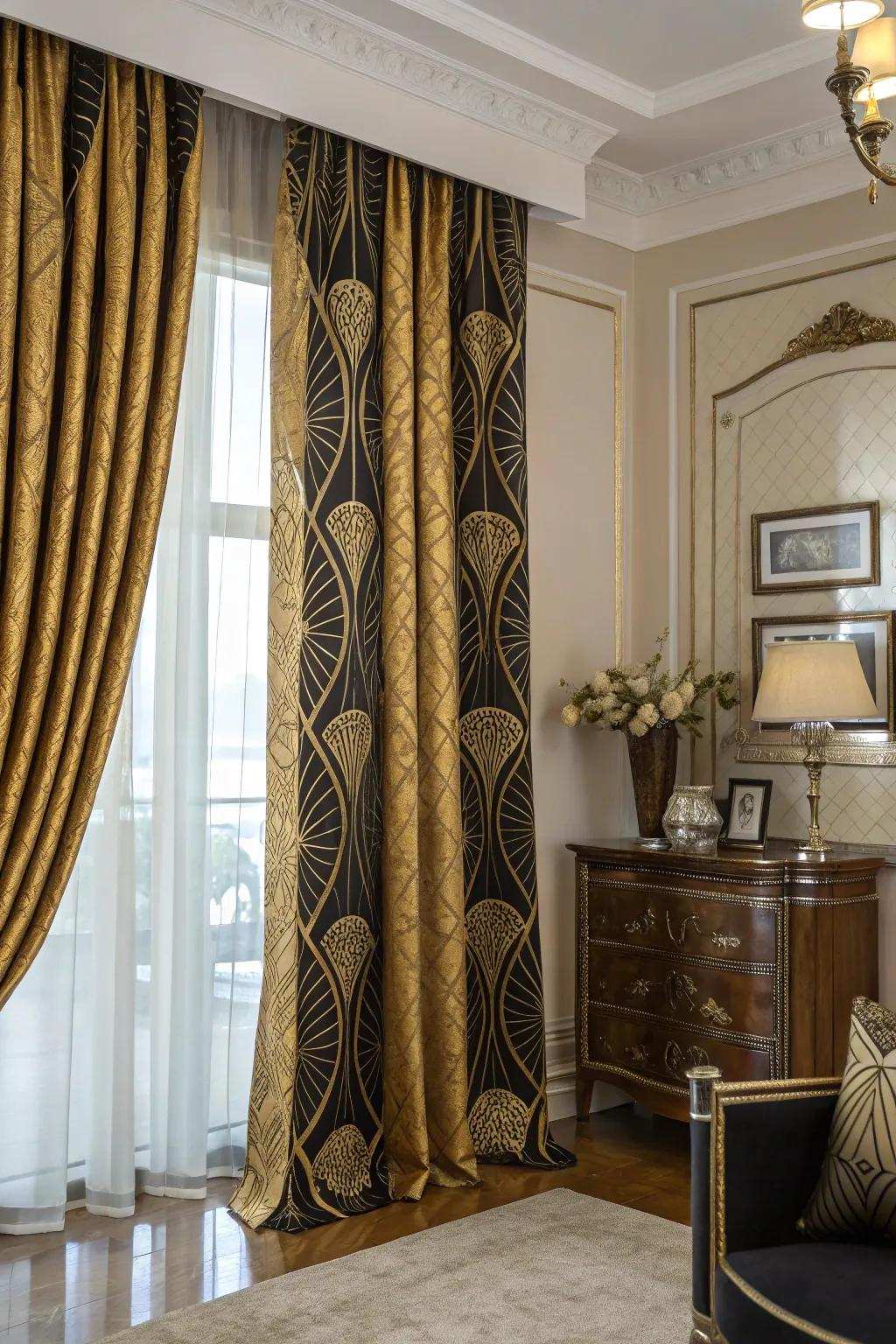 Geometric Deco patterns bring timeless grace.