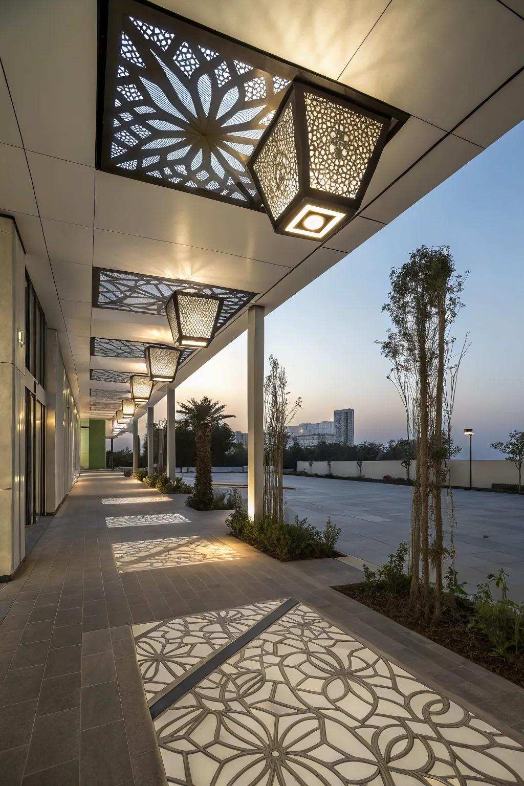 Geometric designs contribute a modern twist to outdoor lighting.