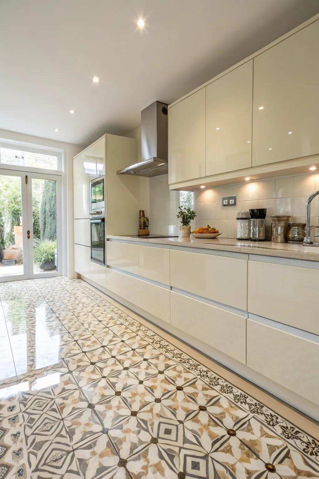 Geometric patterns adding a modern twist to a cream gloss kitchen.