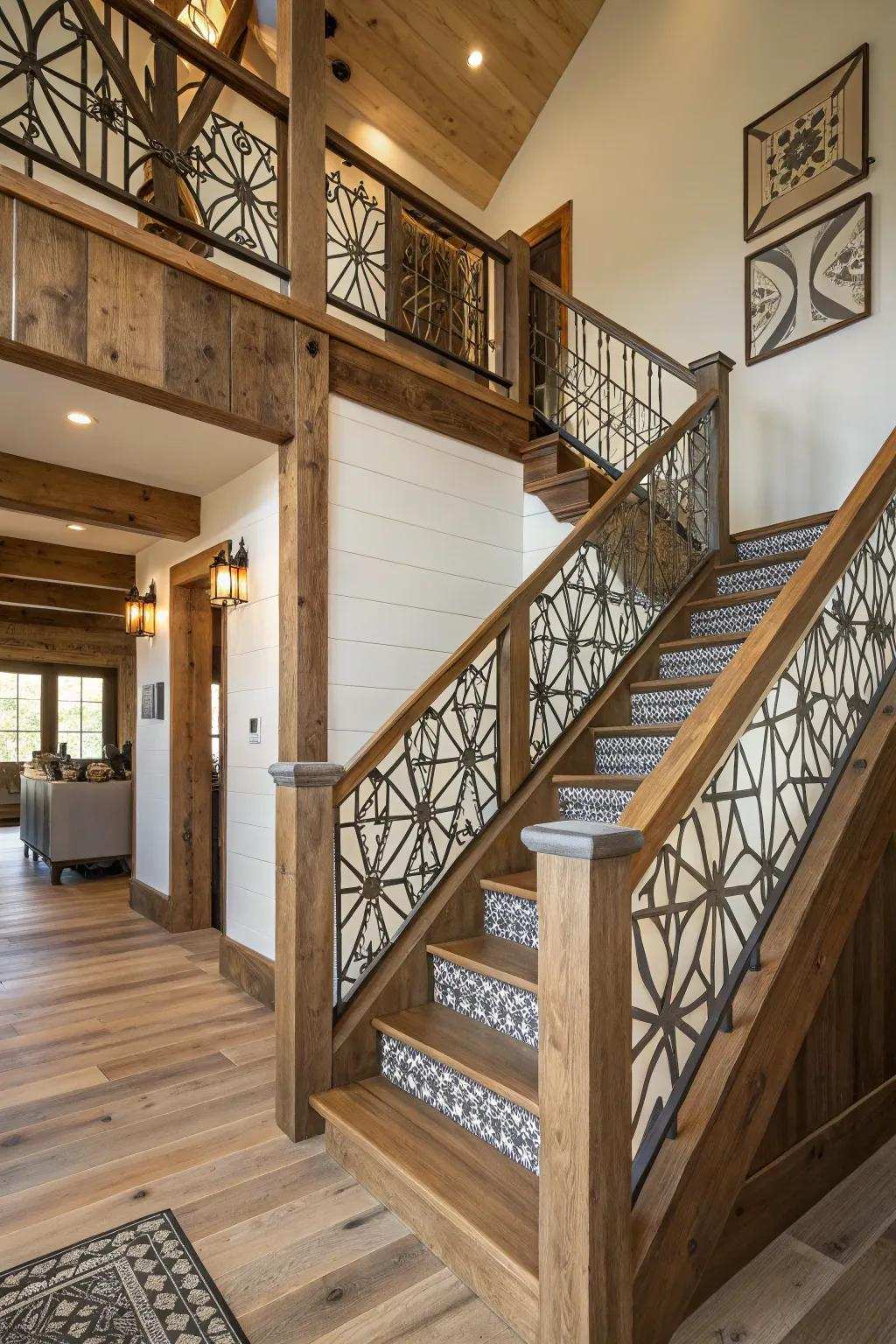 Geometric patterns contribute a contemporary revision onto farmhouse banisters.