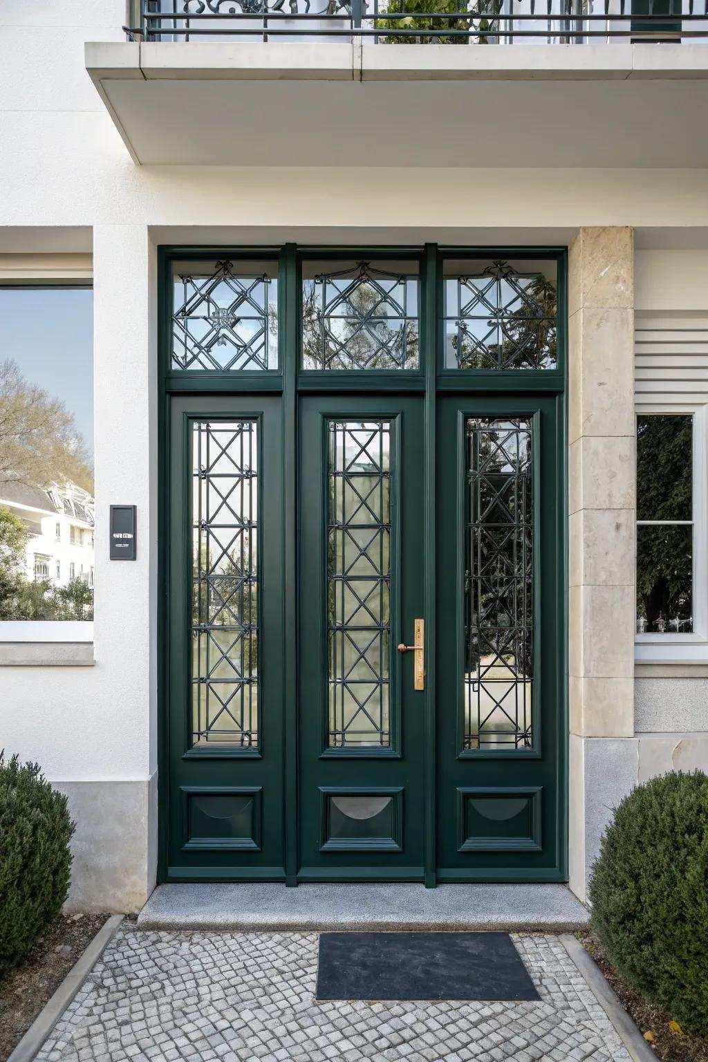 Geometric patterns contribute a modern and contemporary touch to the entrance.