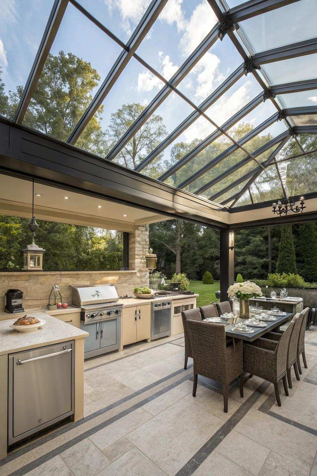 Glass roofing provides an effortless connection to the outdoors in your cooking area.