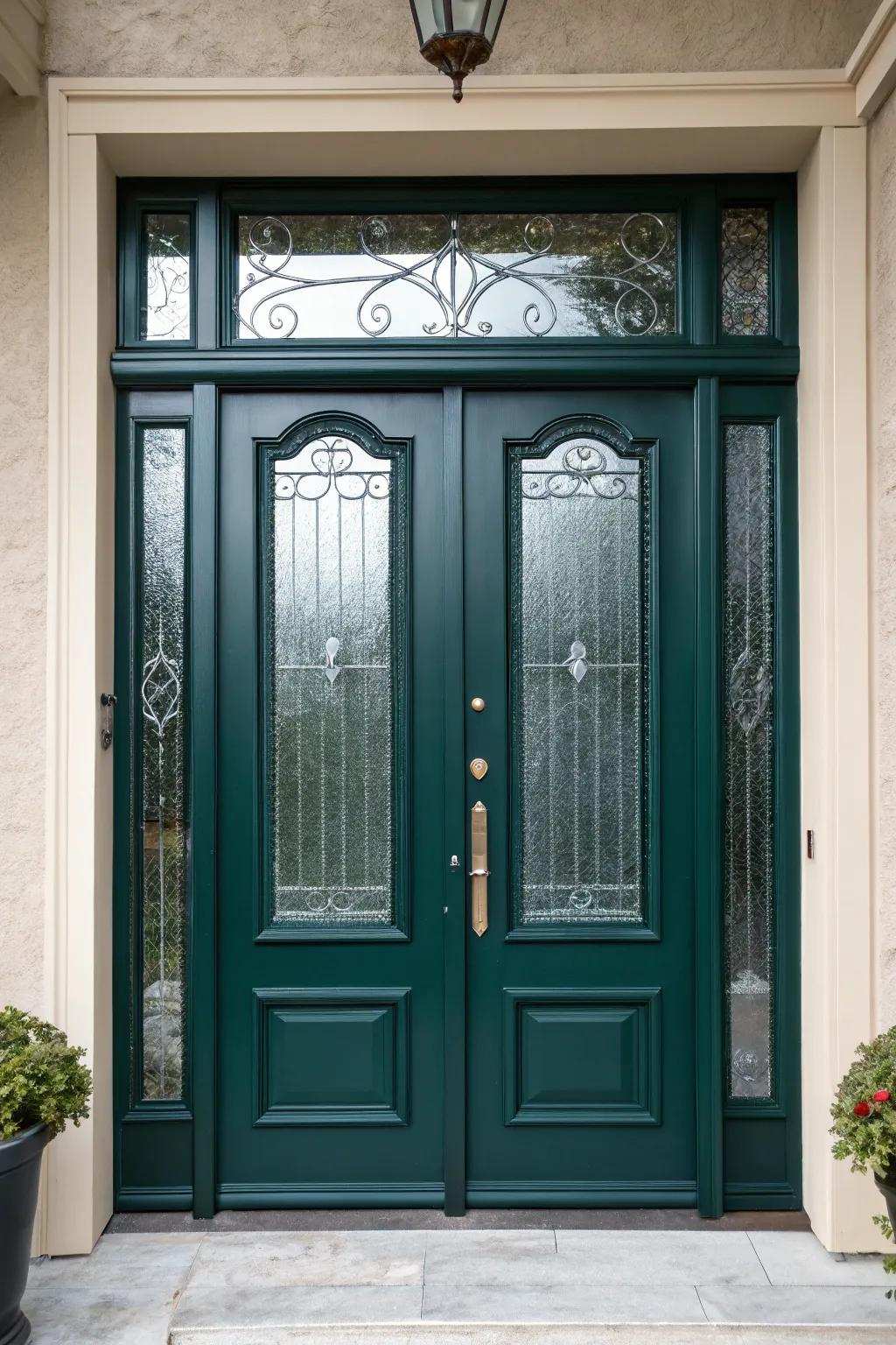 Glass sections introduce elegance and allow natural light to brighten the entrance.