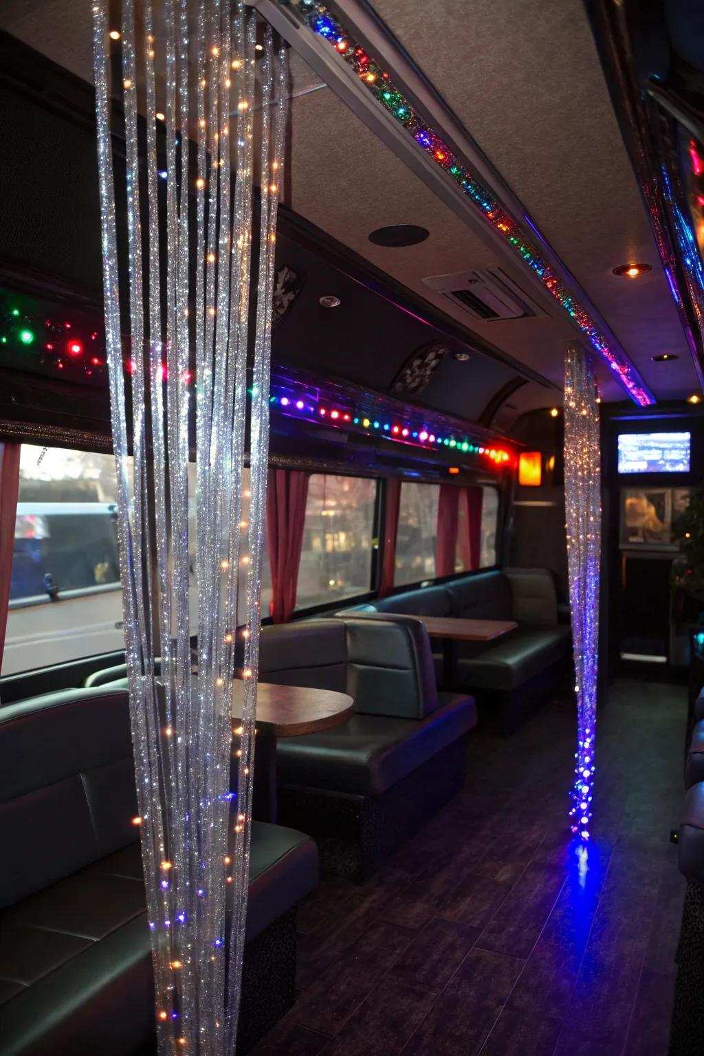 GleamStrand curtains add sparkle and glamour to the celebration bus.