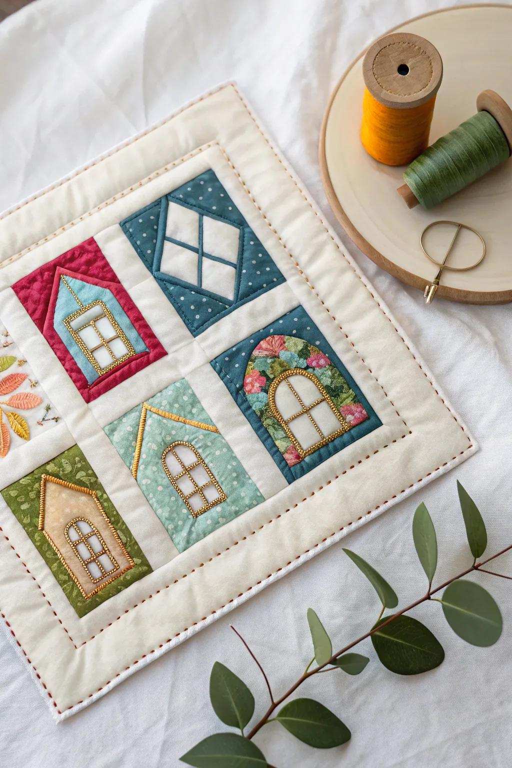 Glimpse through the capricious casements—each quilt block narrates a tale of vibrancy and craft.
