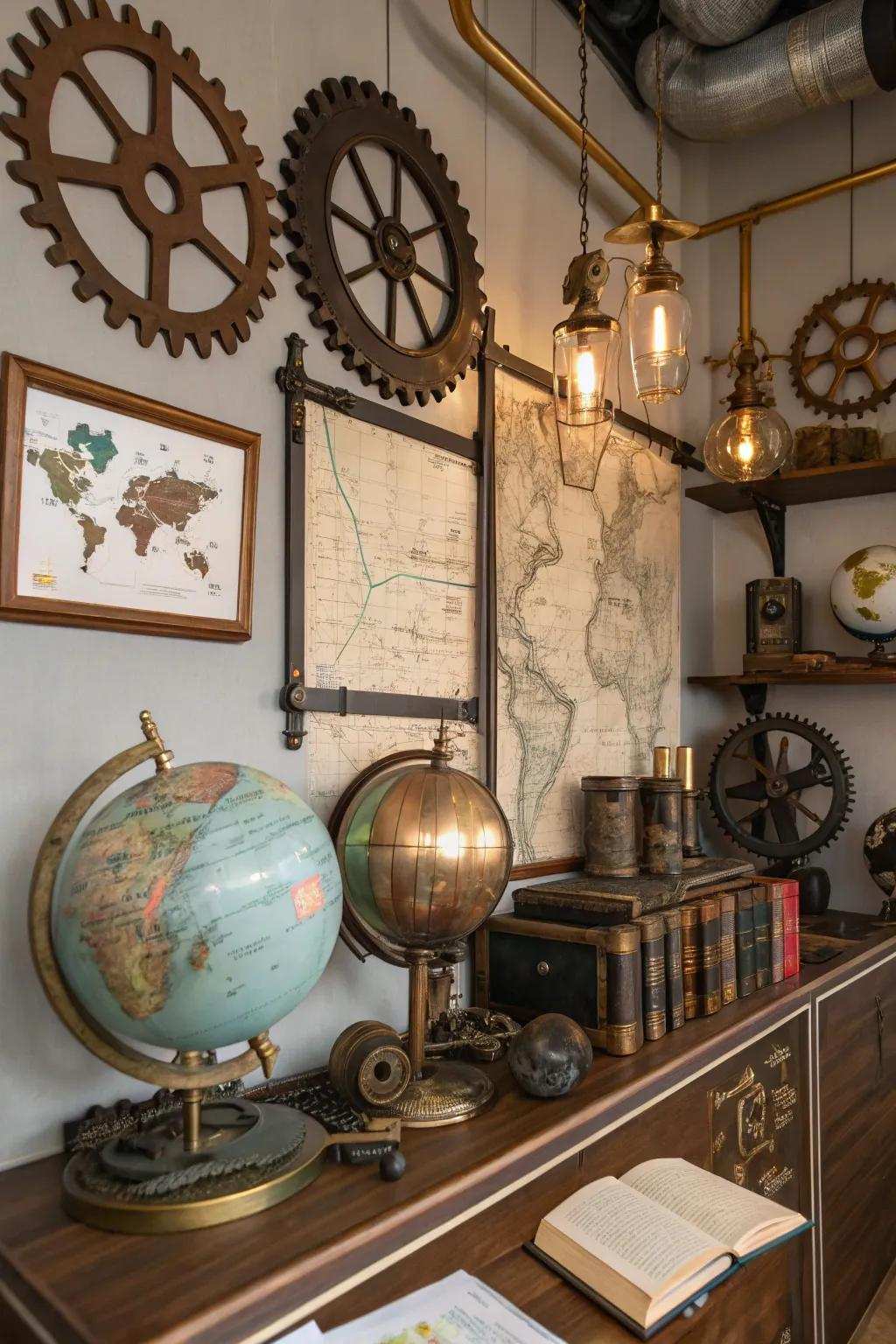 Globes and timeless charts infuse this steampunk space with a sense of journey.