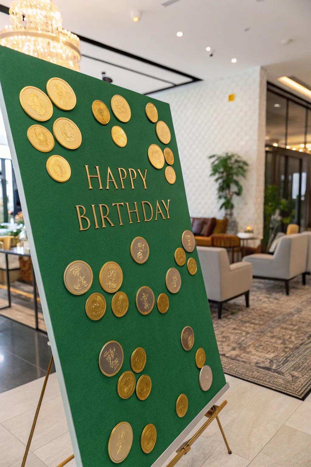 Golden disks contribute a touch of opulence to this March birthday display.