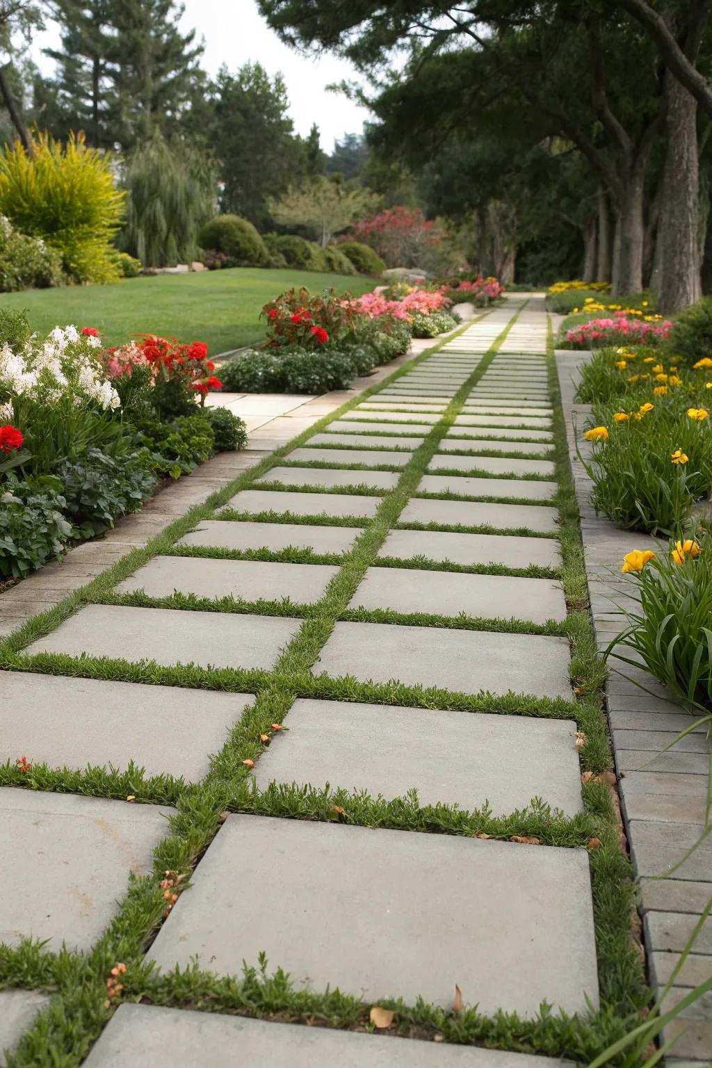Grass inlays soften the appearance of concrete walkways.