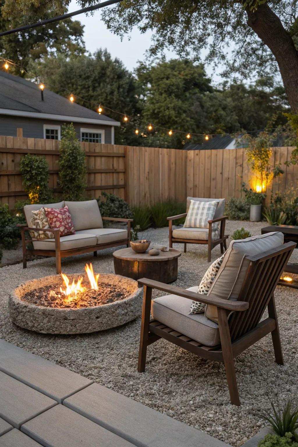 Gravel flooring enclosing a campfire pit fashions a comfortable and attractive patio spot.