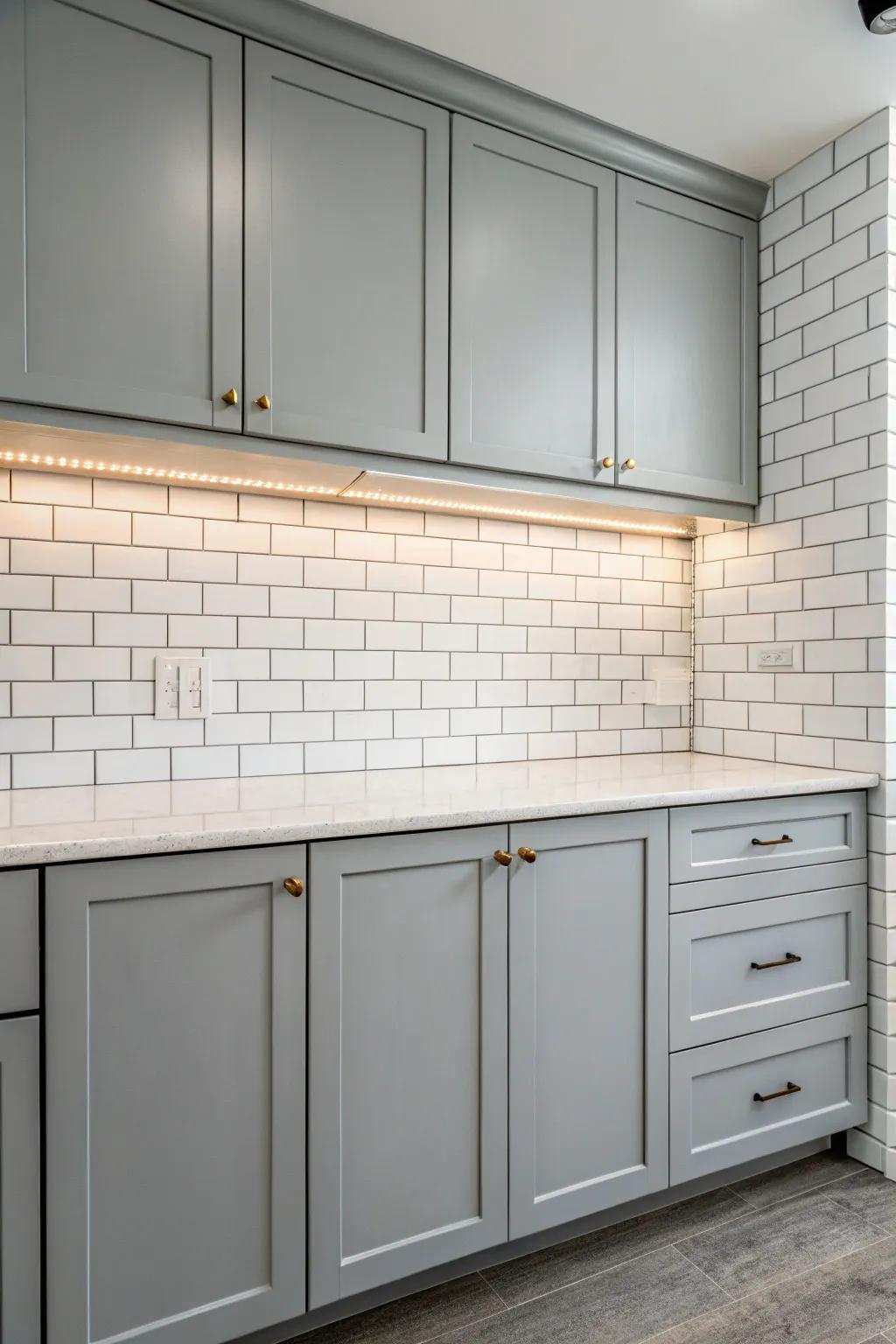 Gray cabinets complemented by a white tile backing for a pristine, traditional appearance.