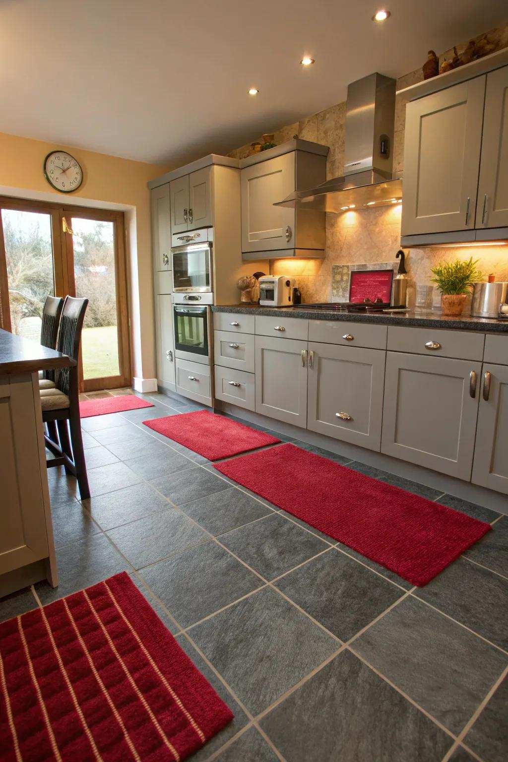 Gray flooring is accented with red to achieve a cohesive design.