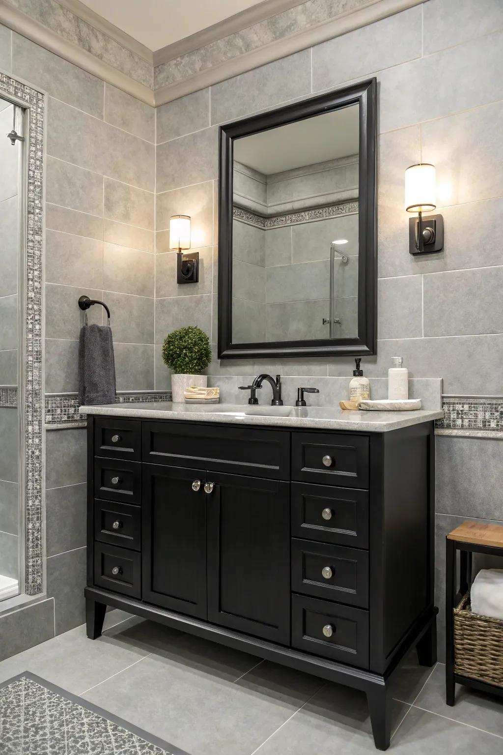 Gray shades provide a sophisticated backdrop for a dark-toned vanity, enhancing depth.